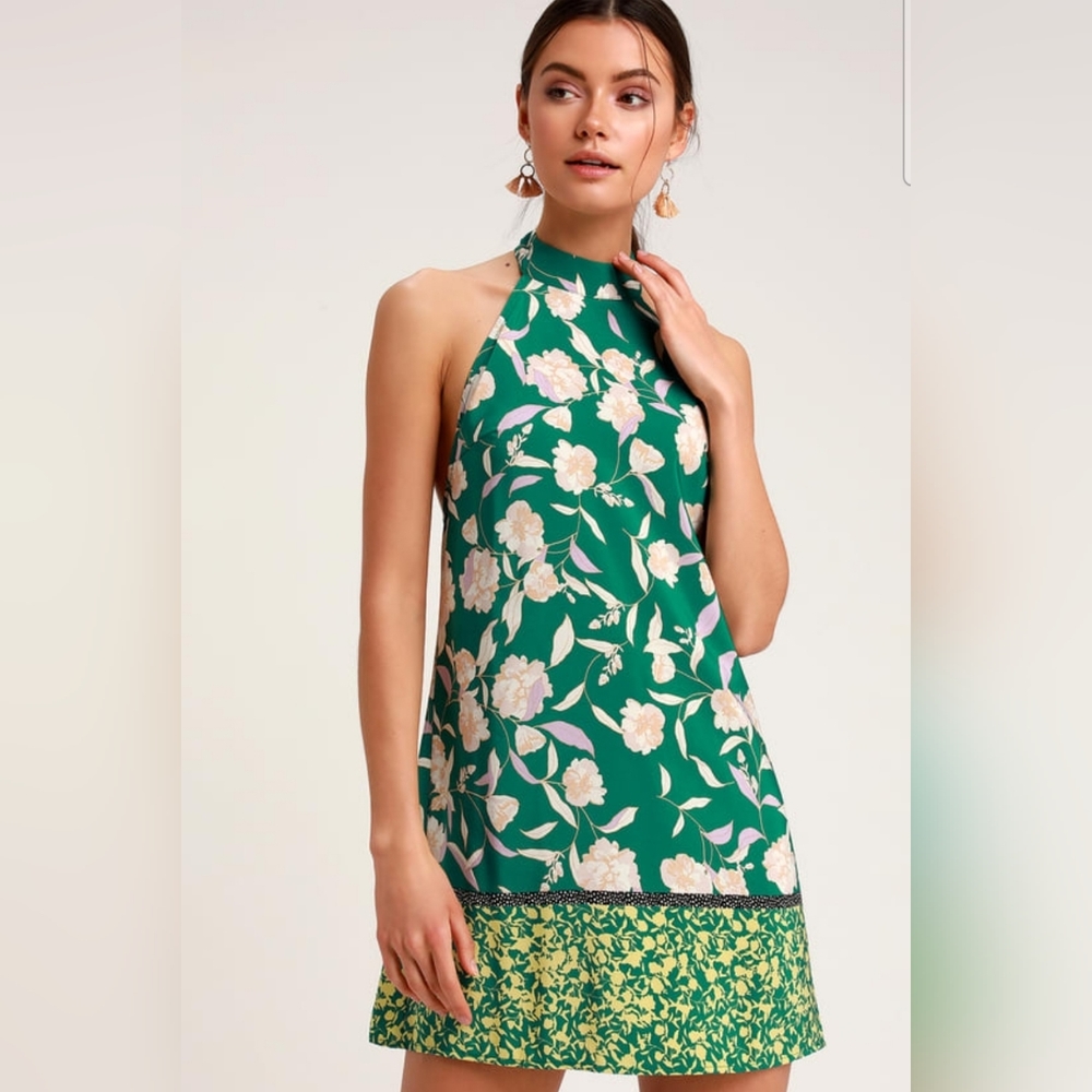NWT Fleur-Ever and Always Green Floral Print Halter Dress | Large